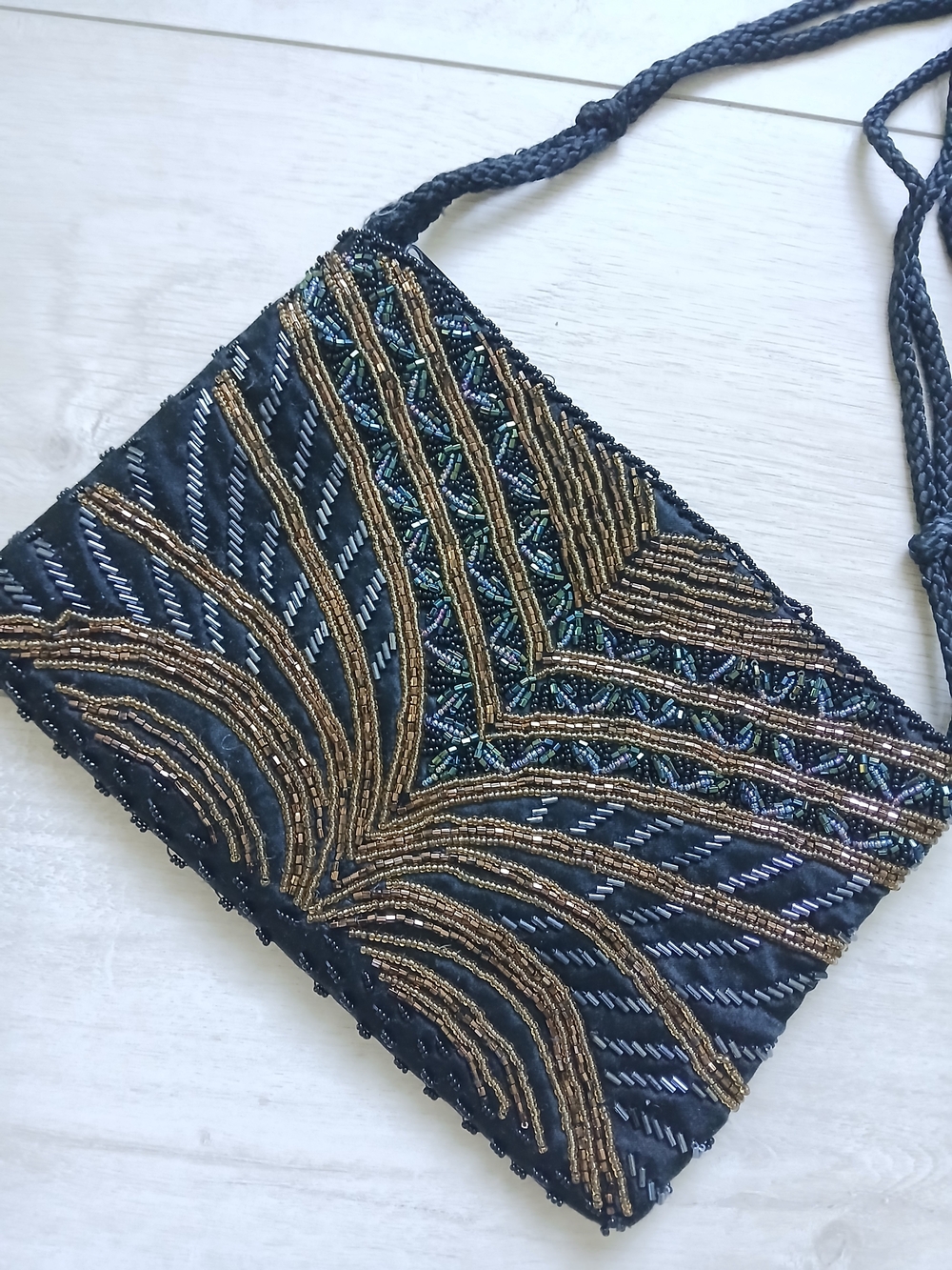 Vintage black beaded clutch/ bag, Art Nuvo style, 9x6, with strap, mint